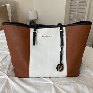 Michael Kors Black, Brown, and White Tri-Color Tote Bag with Gold Detailing